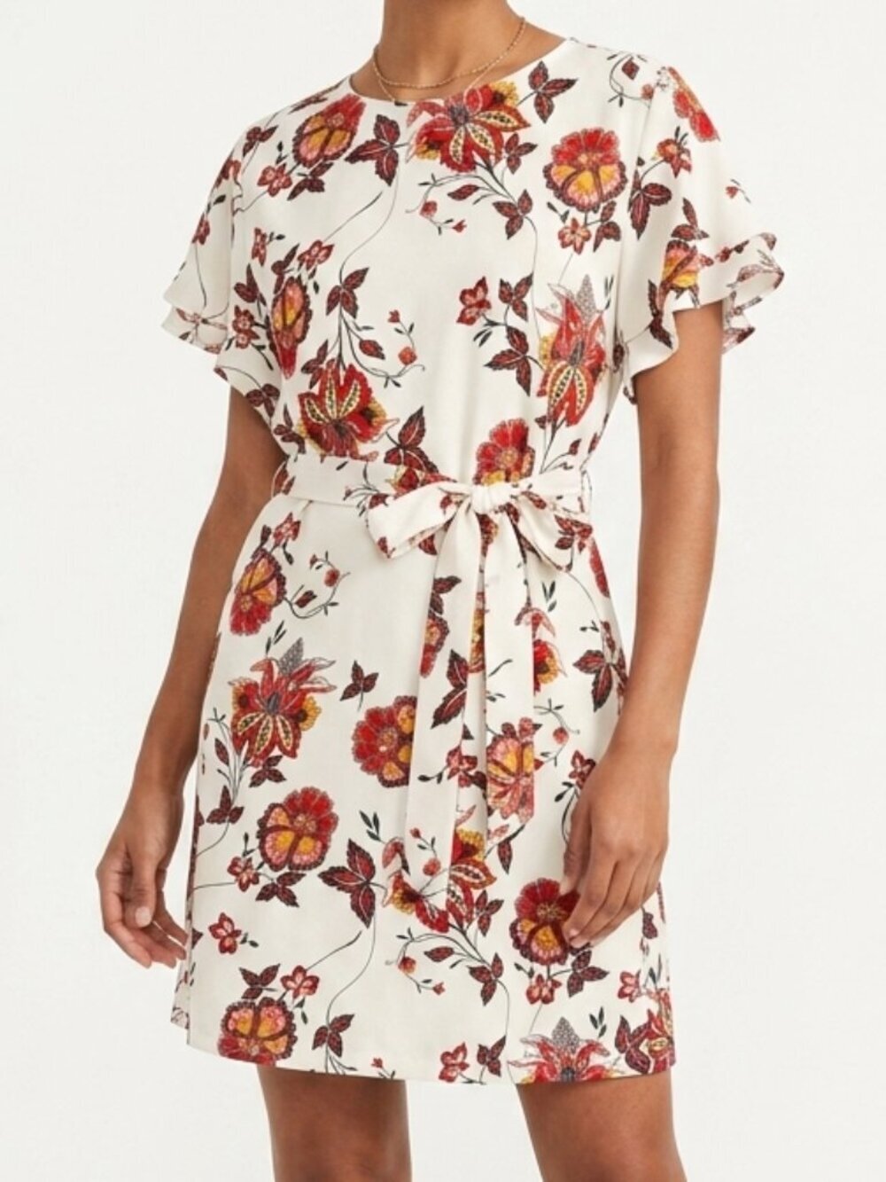 H&M Ivory Floral Belted Tie Short Sleeve Dress 6